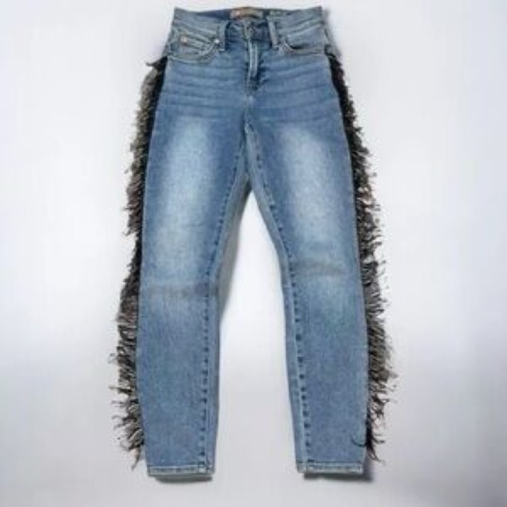 7 For All Mankind Blue Straight Leg Jeans with Black Fringe